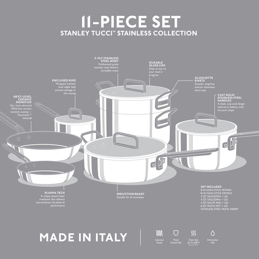 Stanley Tucci™ Mixed Material Stainless Steel 11-Piece Cookware Set with the Tucci Cookbook
