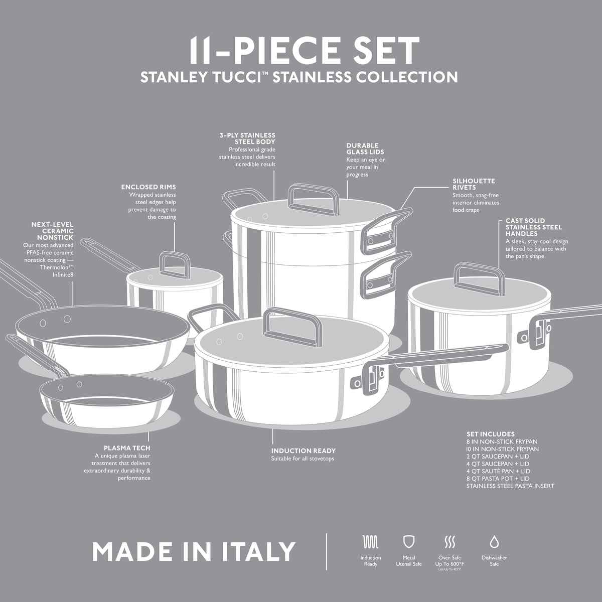 Stanley Tucci™ Mixed Material Stainless Steel 11-Piece Cookware Set with the Tucci Cookbook