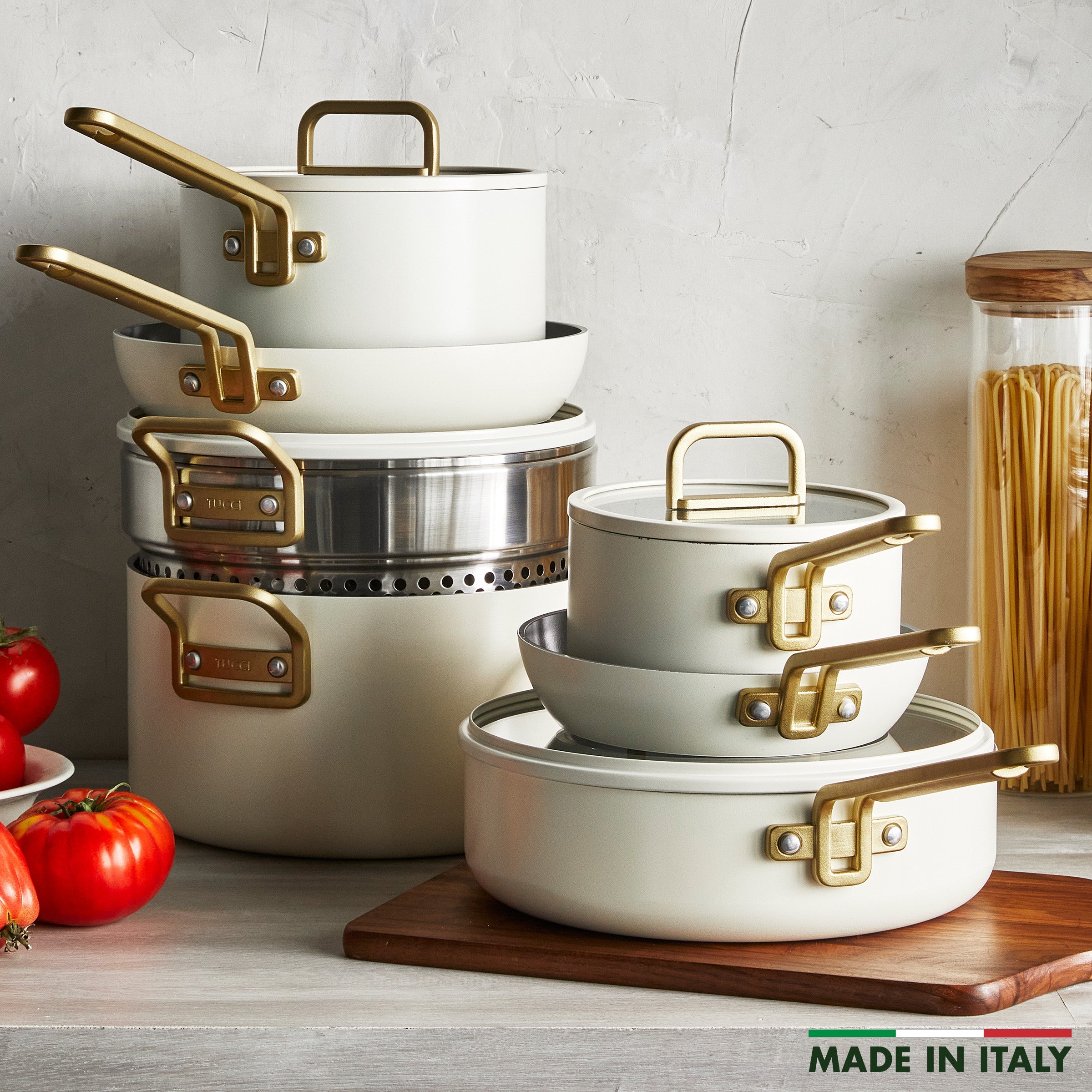 Stanley Tucci™ Ceramic Nonstick 11-Piece Cookware Set with the Tucci Cookbook | Carrara White