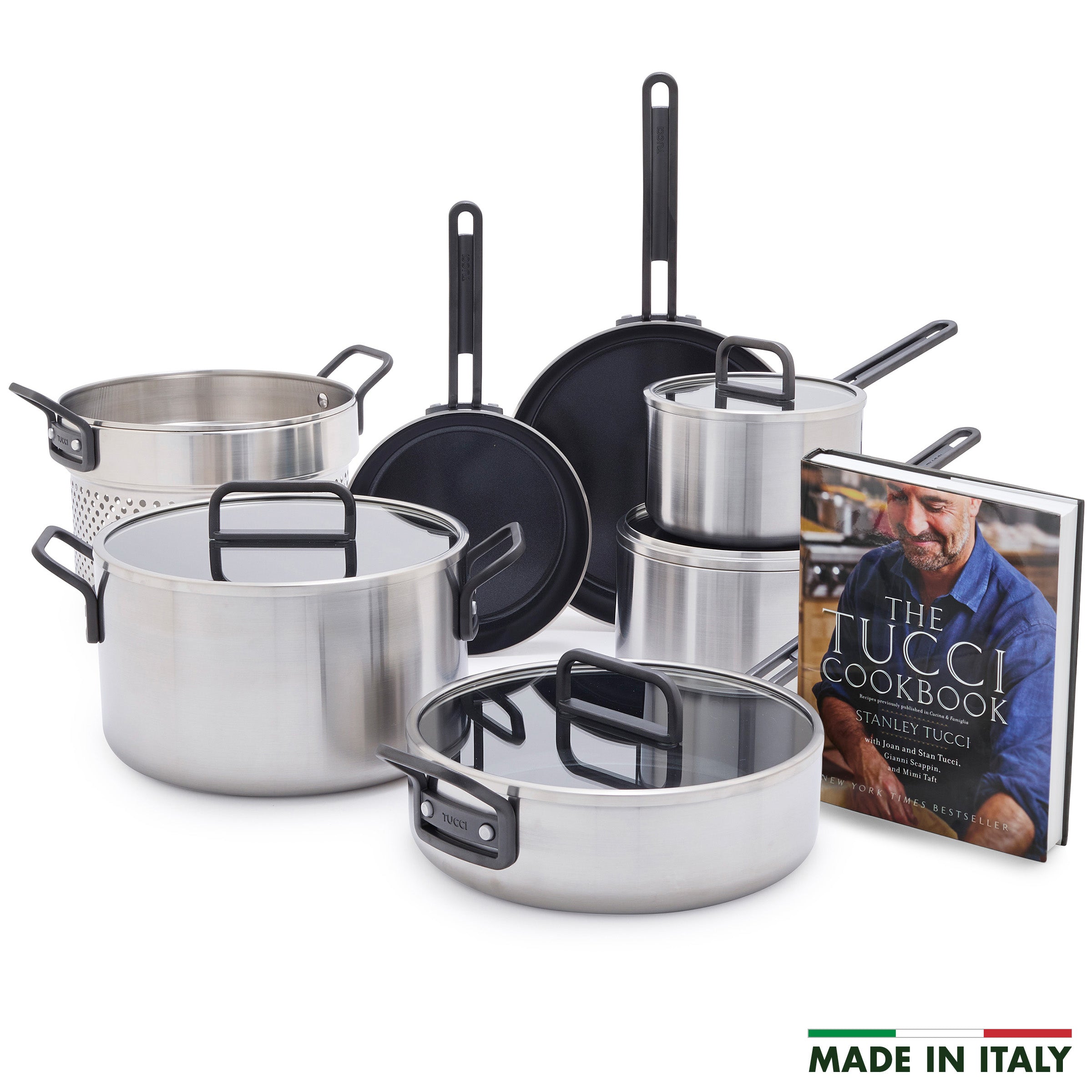Stanley Tucci™ Stainless Steel Ceramic Nonstick 11-Piece Cookware Set with the Tucci Cookbook | Black Handles
