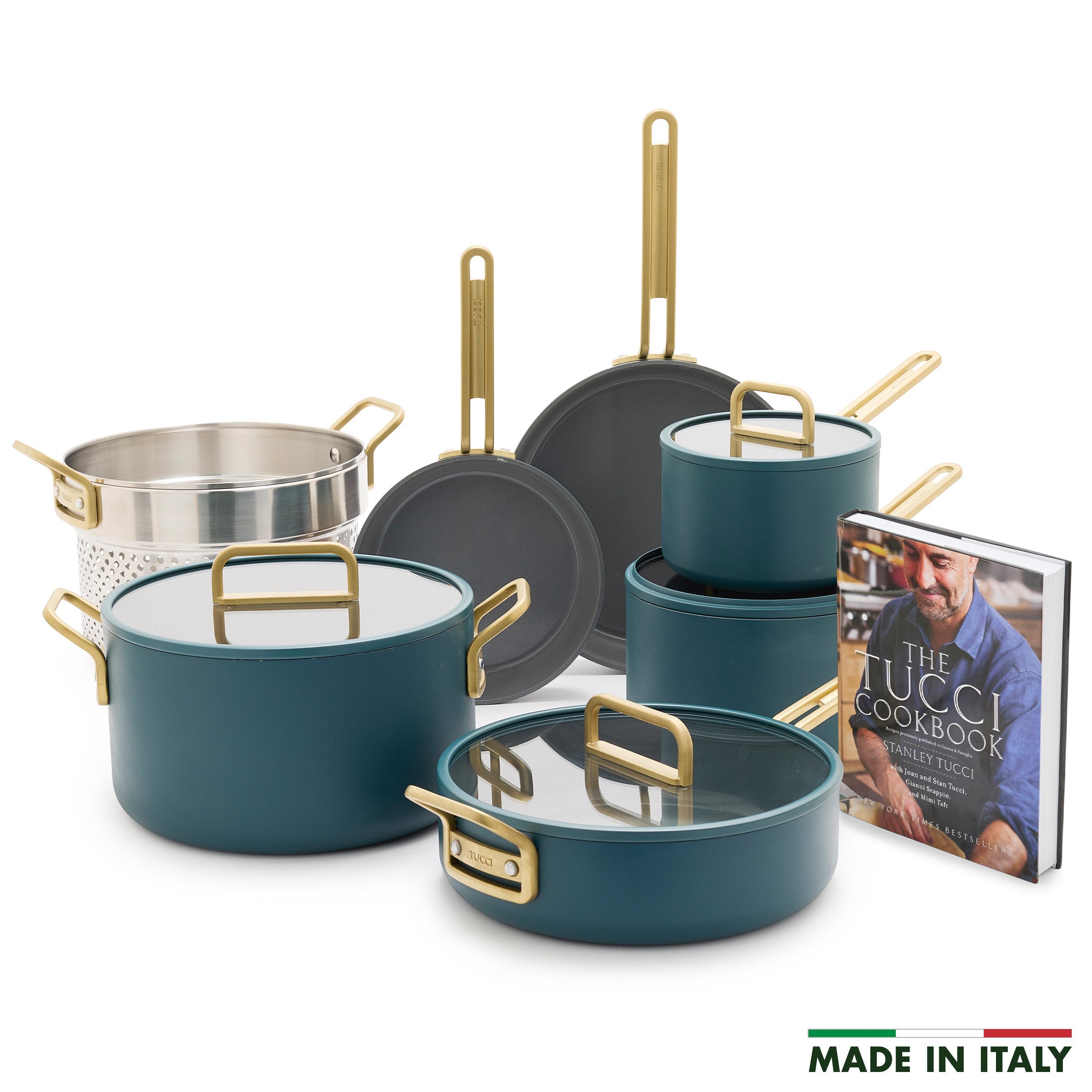 Stanley Tucci™ Ceramic Nonstick 11-Piece Cookware Set with the Tucci Cookbook | Venetian Teal
