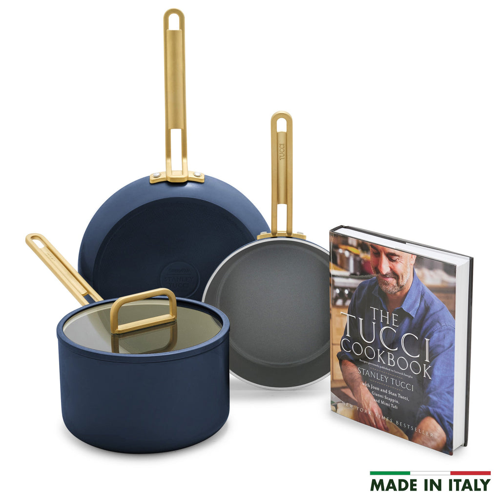 Stanley Tucci™ Ceramic Nonstick 4-Piece Chef Set with The Tucci Cookbook | Marino Blue