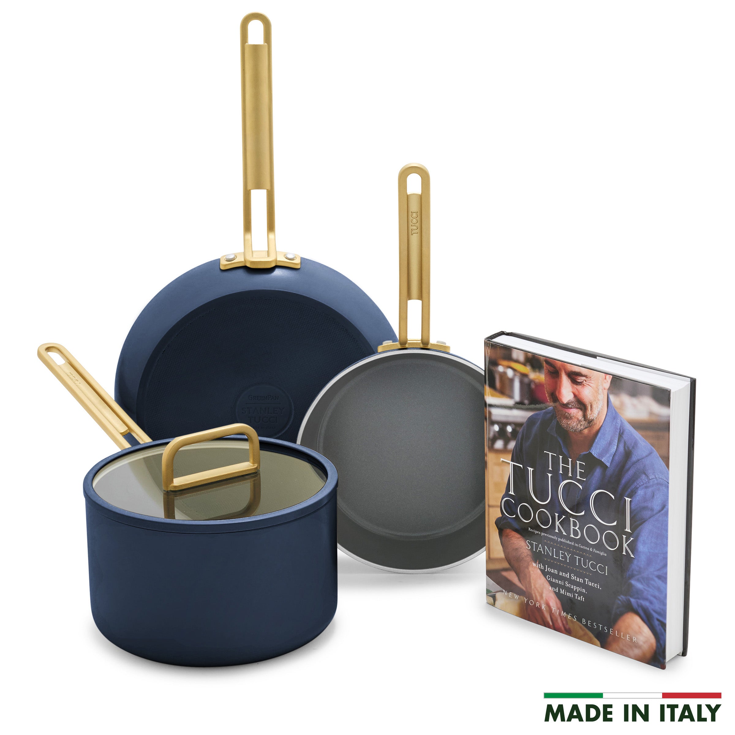 Stanley Tucci™ Ceramic Nonstick 4-Piece Chef Set with The Tucci Cookbook | Marino Blue