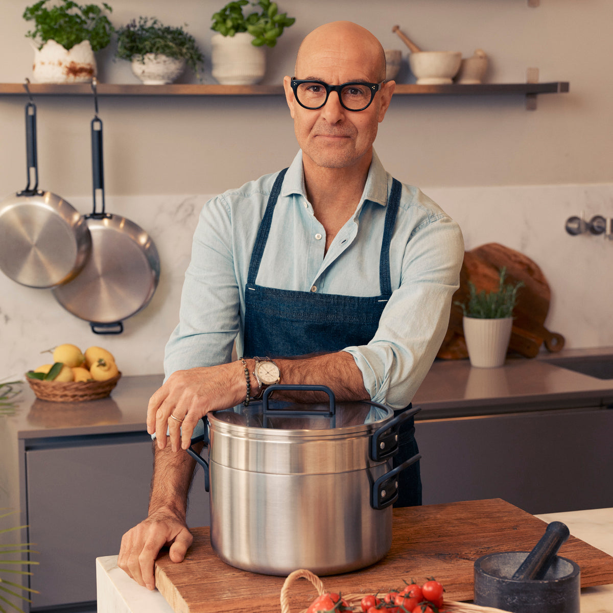 Stanley Tucci™ Stainless Steel Ceramic Nonstick 11-Piece Cookware Set with the Tucci Cookbook | Black Handles